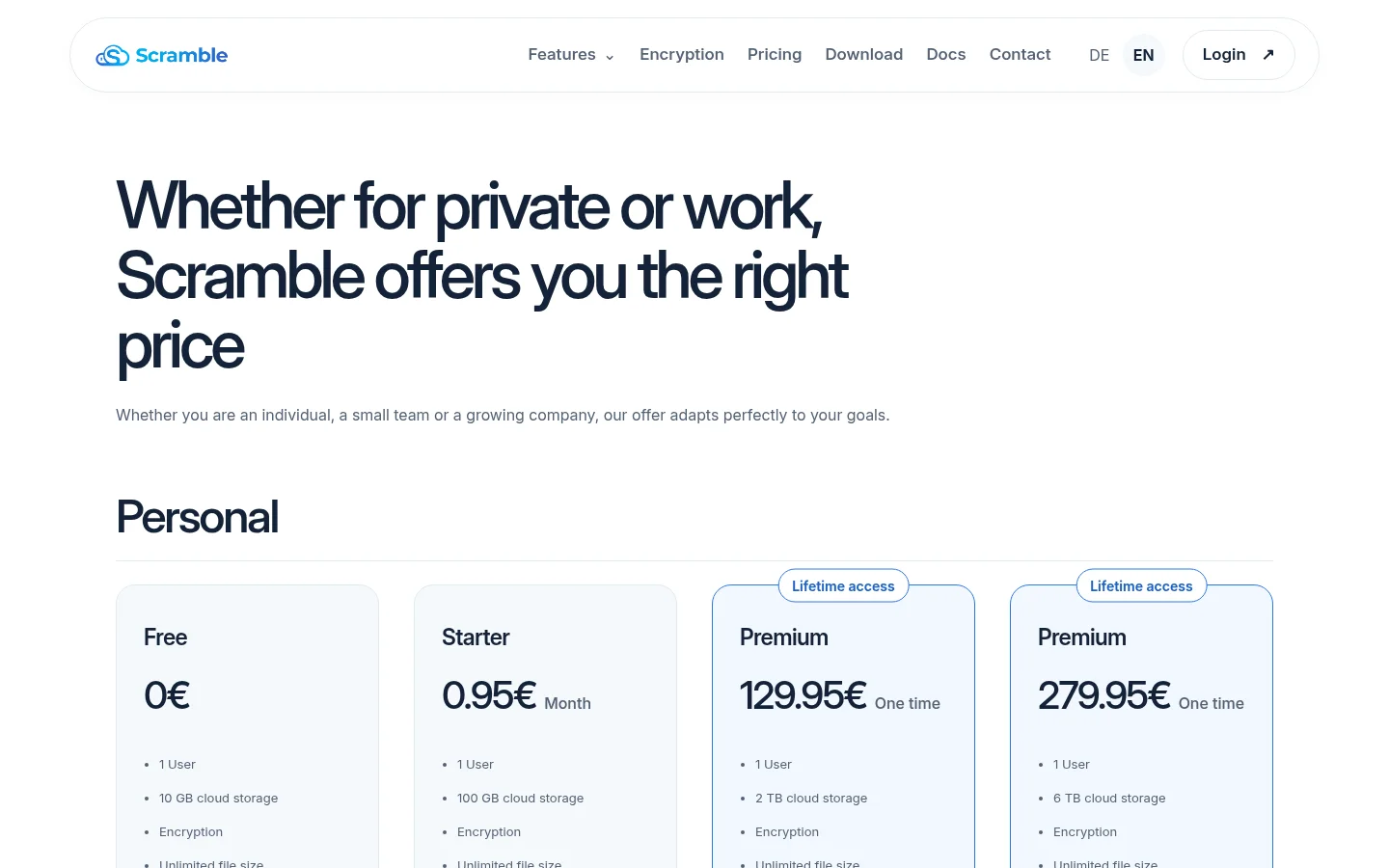 Scramble Cloud pricing page with the lifetime Premium plans