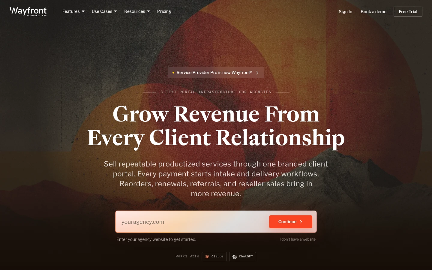 Wayfront home page: client portal infrastructure for agencies