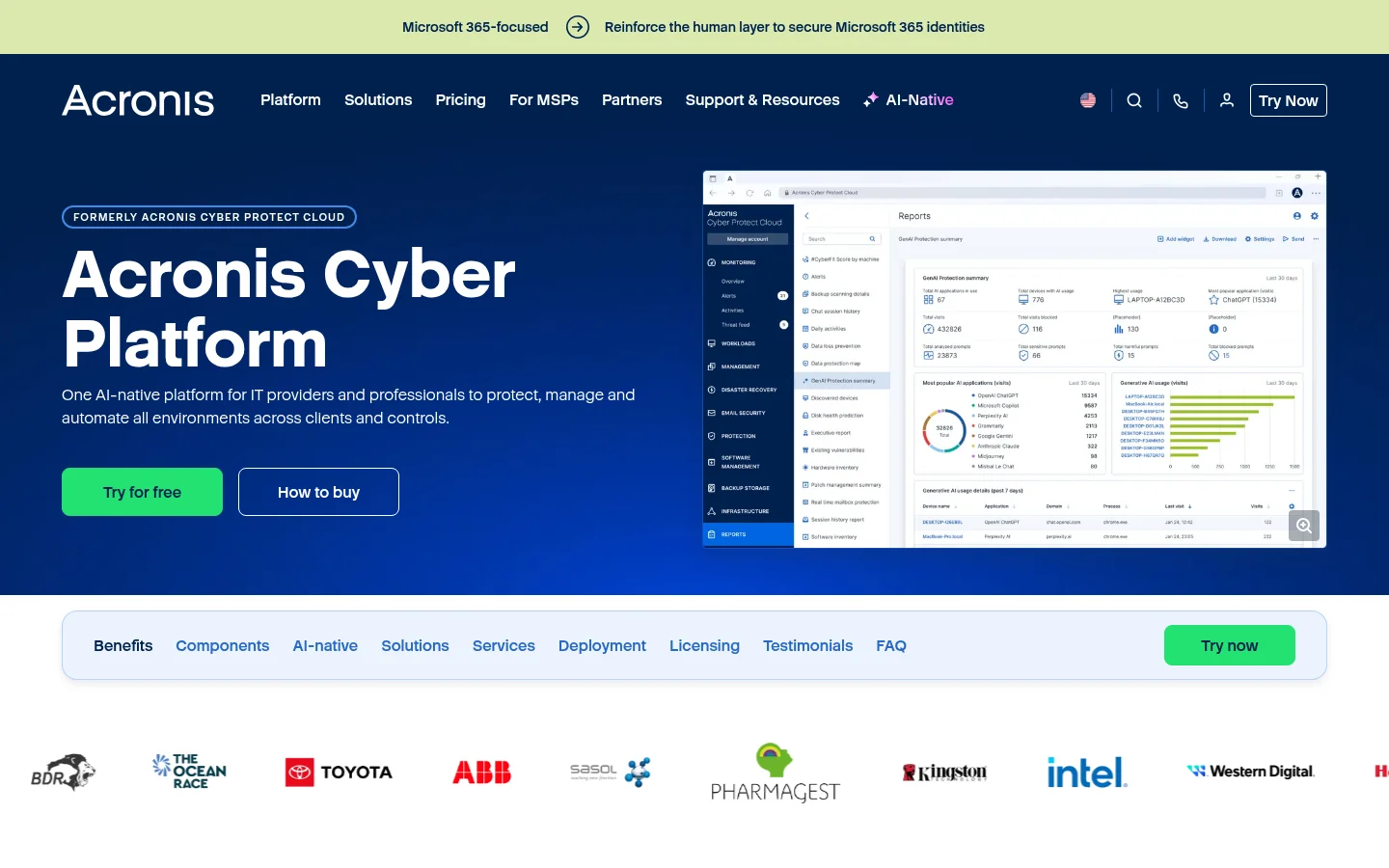 Acronis cloud platform product page for service providers
