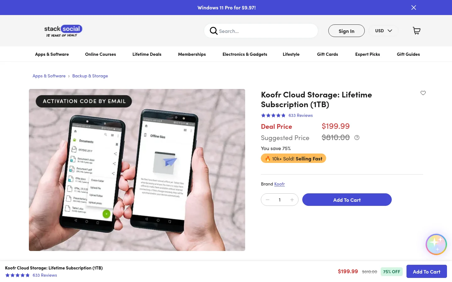 StackSocial listing for the Koofr 1 TB lifetime subscription