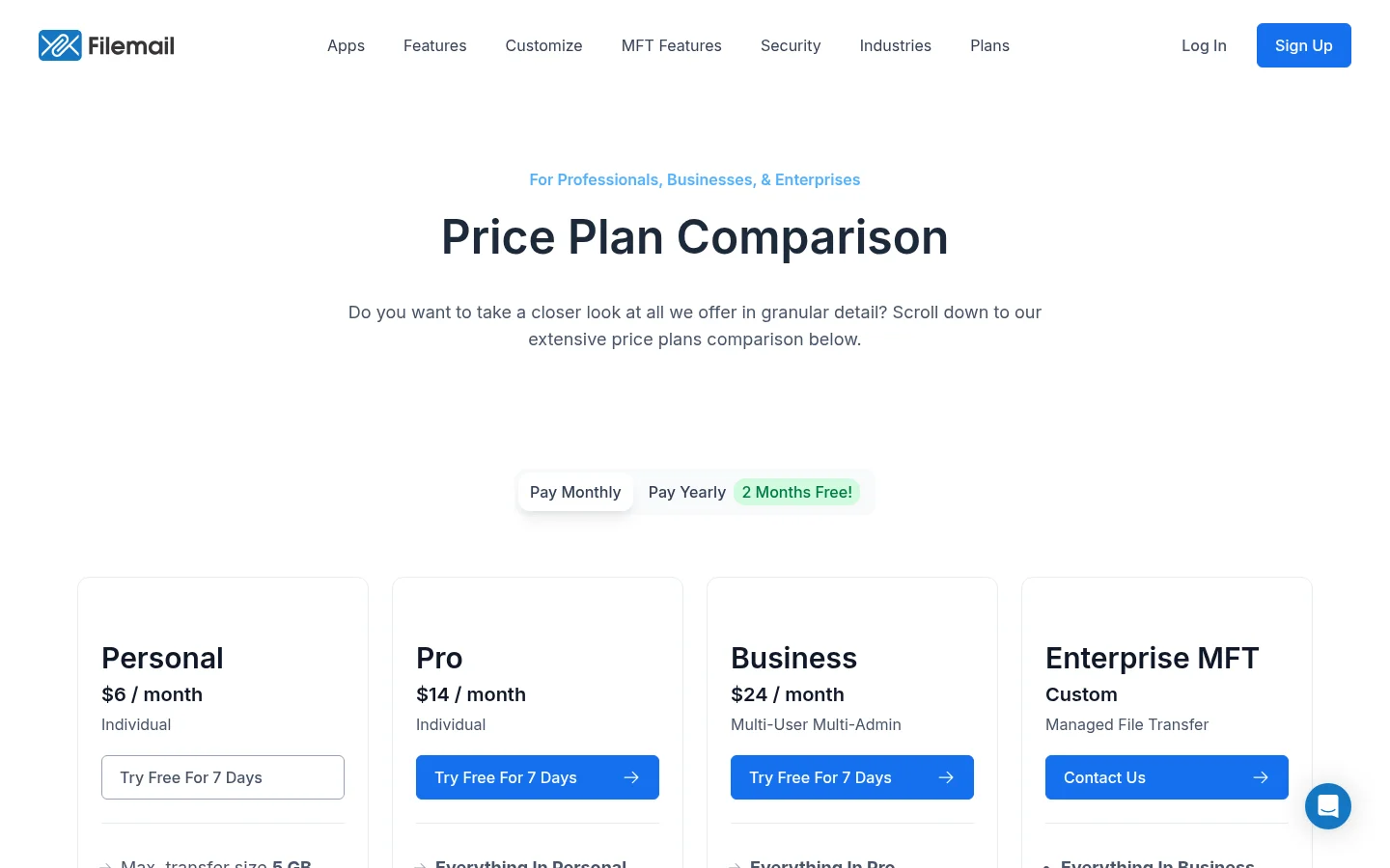 Filemail plan comparison page for Personal, Pro and Business