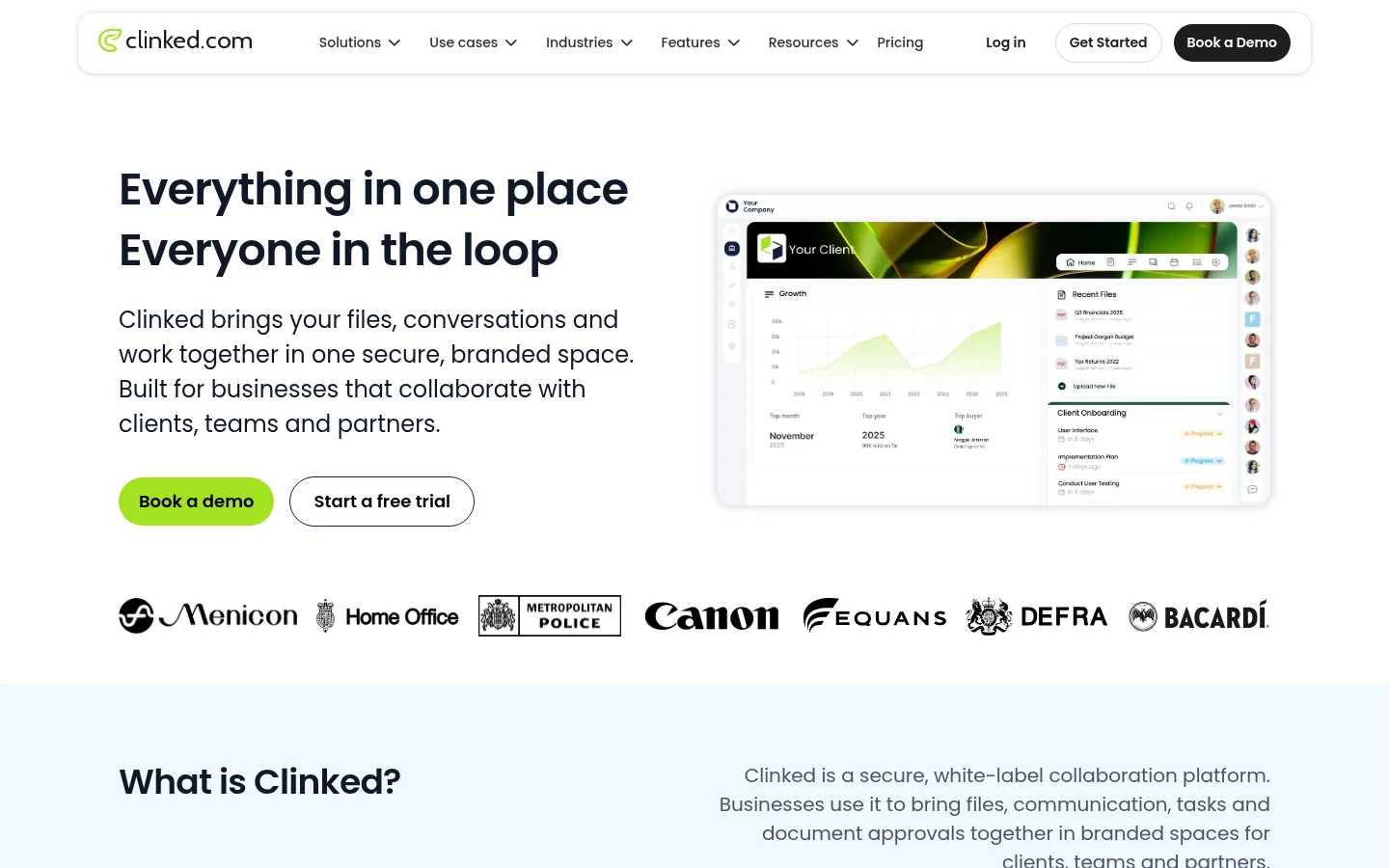 Clinked home page: white-label collaboration platform with client portal