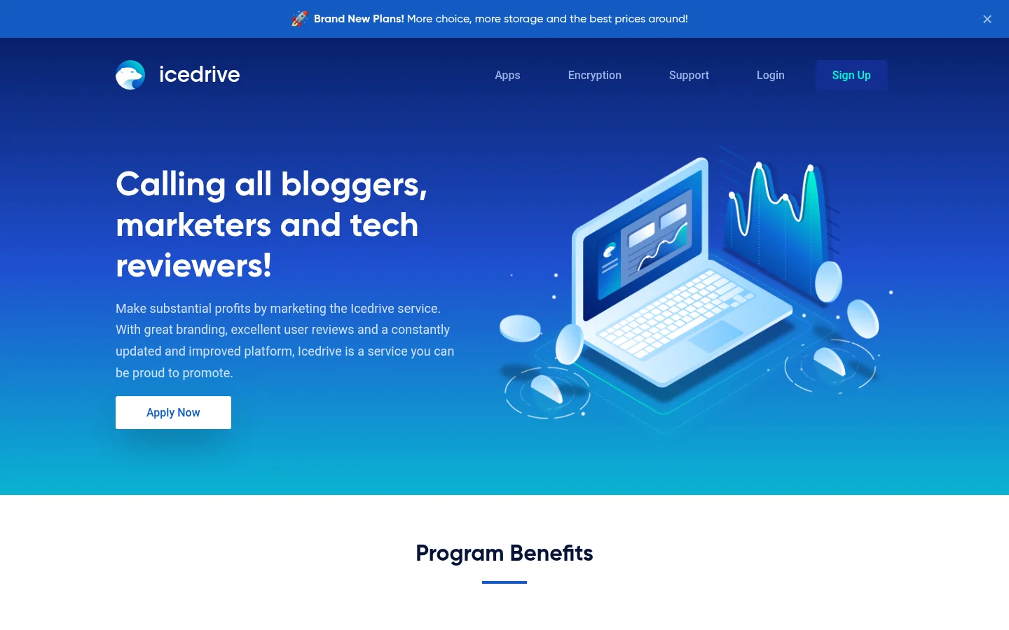 Icedrive partner program page with the Apply Now button