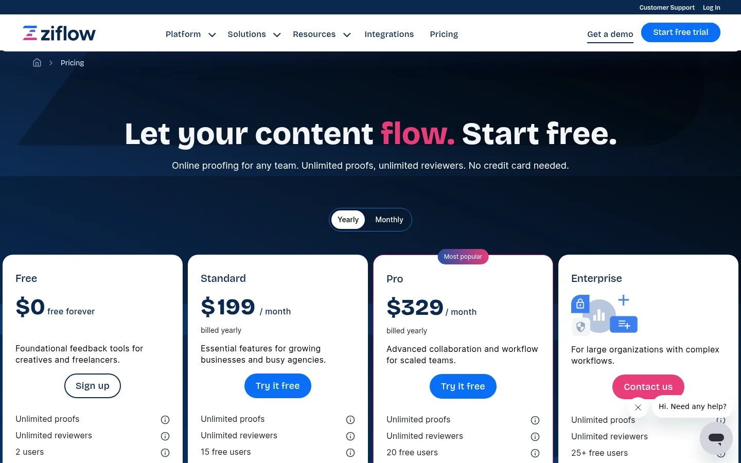 Ziflow pricing page with Free, Standard, Pro and Enterprise plans