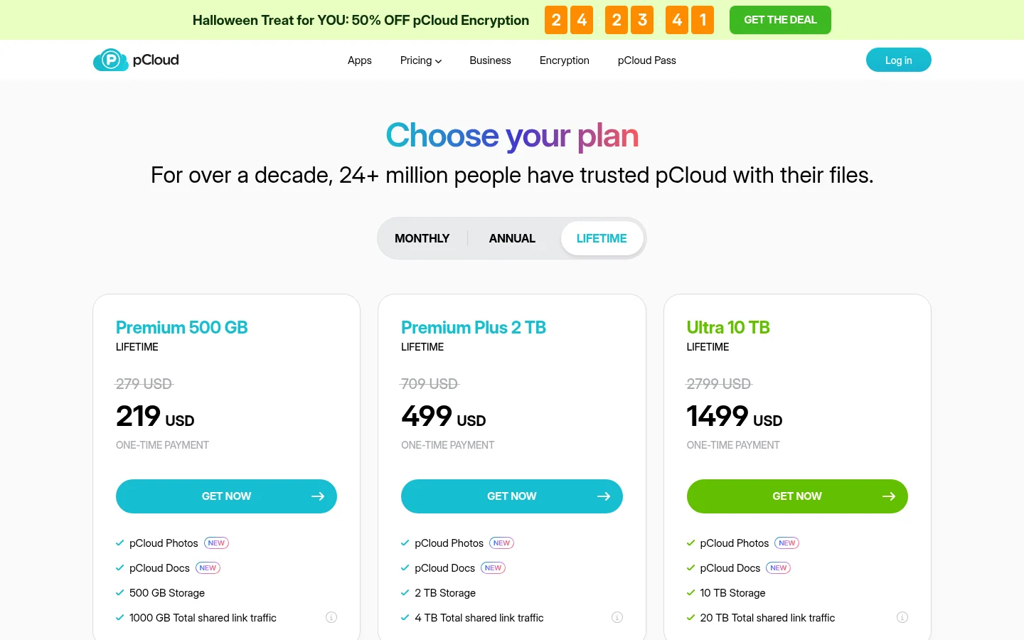 pCloud pricing page with the free plan and paid storage plans