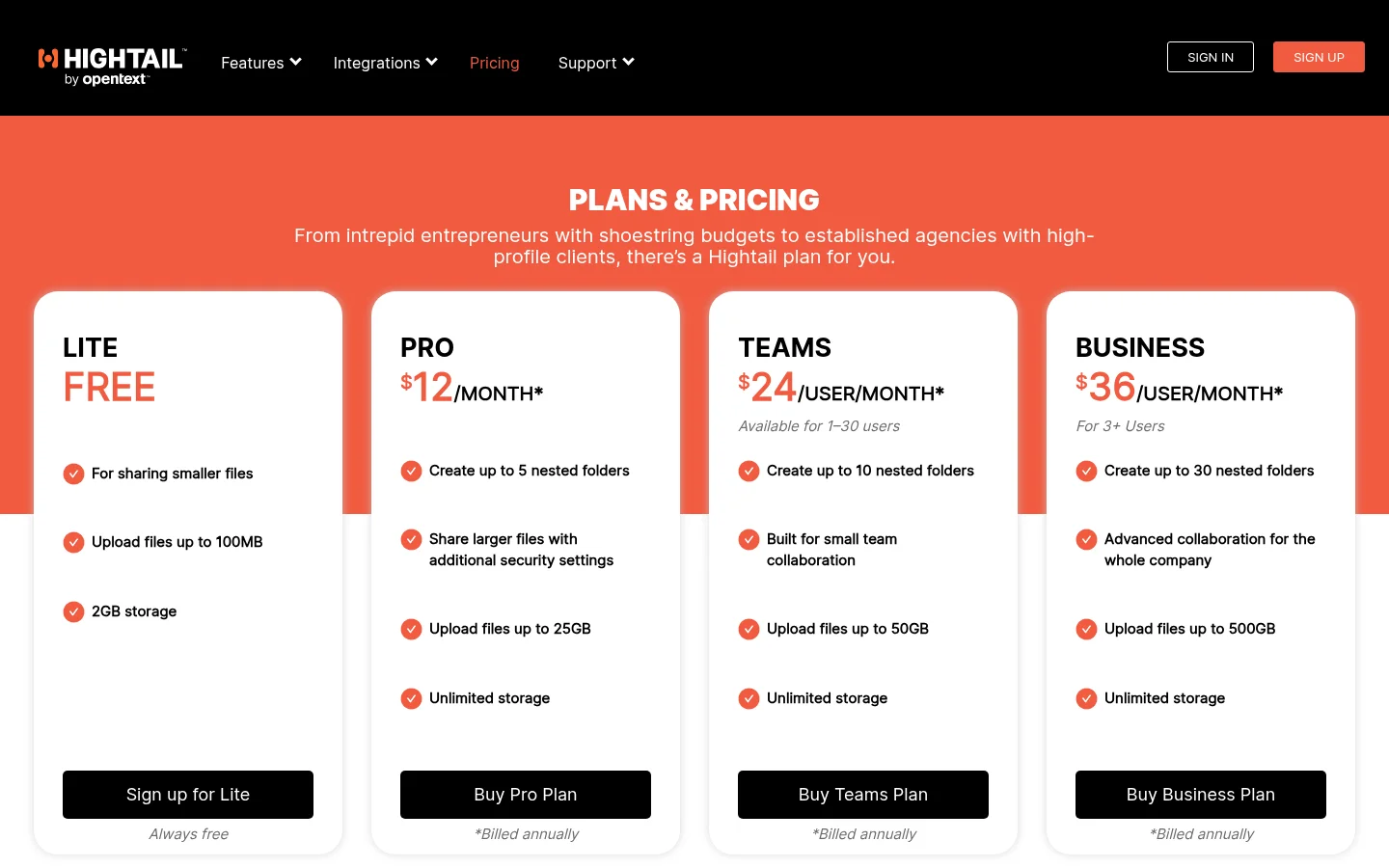 Hightail pricing page with Lite, Pro and Teams plans