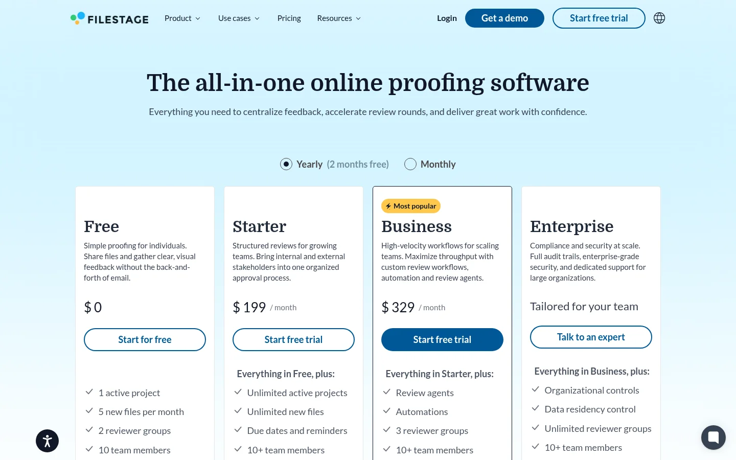 Filestage pricing page with Free, Starter and Business plans