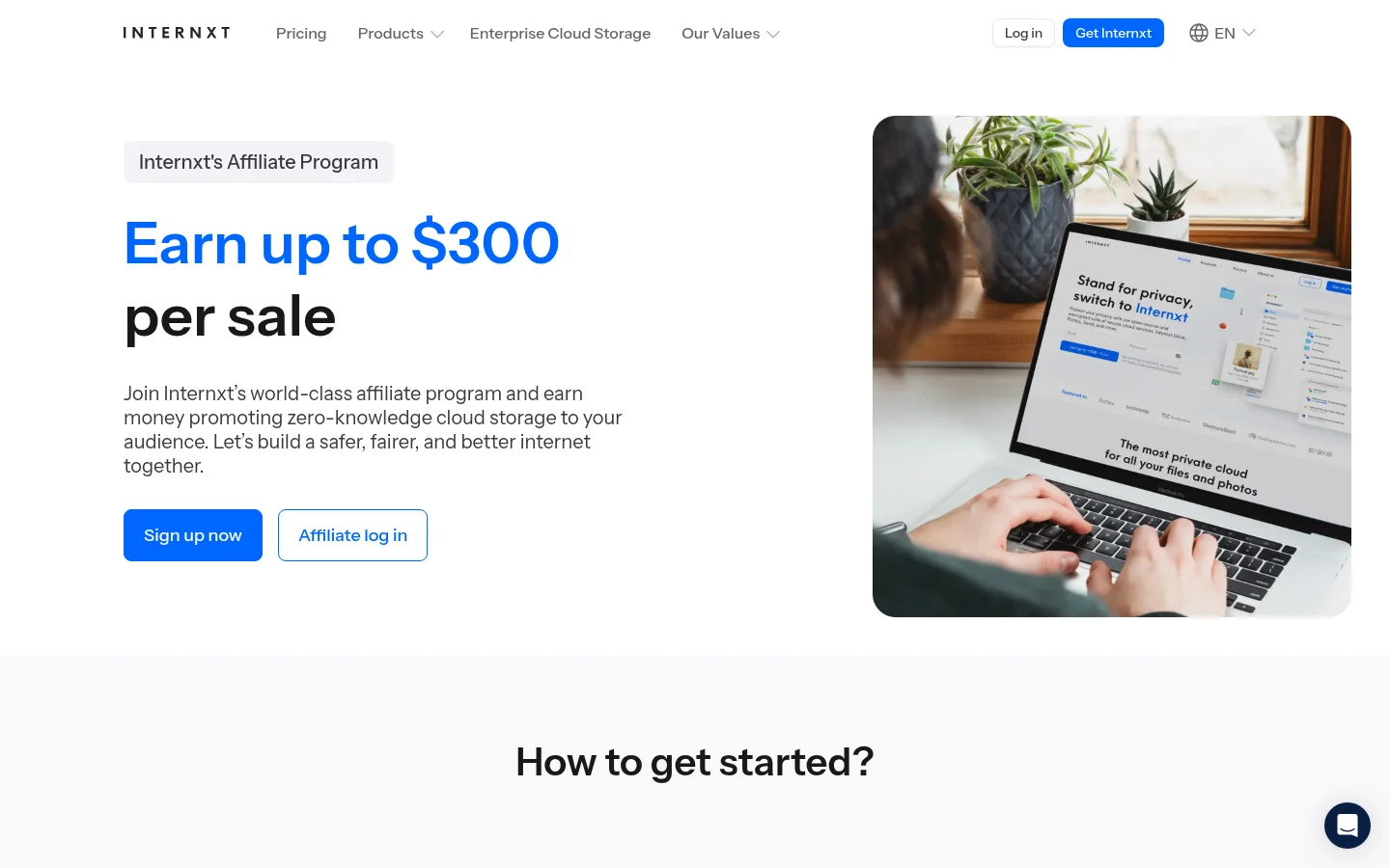 Internxt affiliate program page with the Earn up to $300 per sale headline
