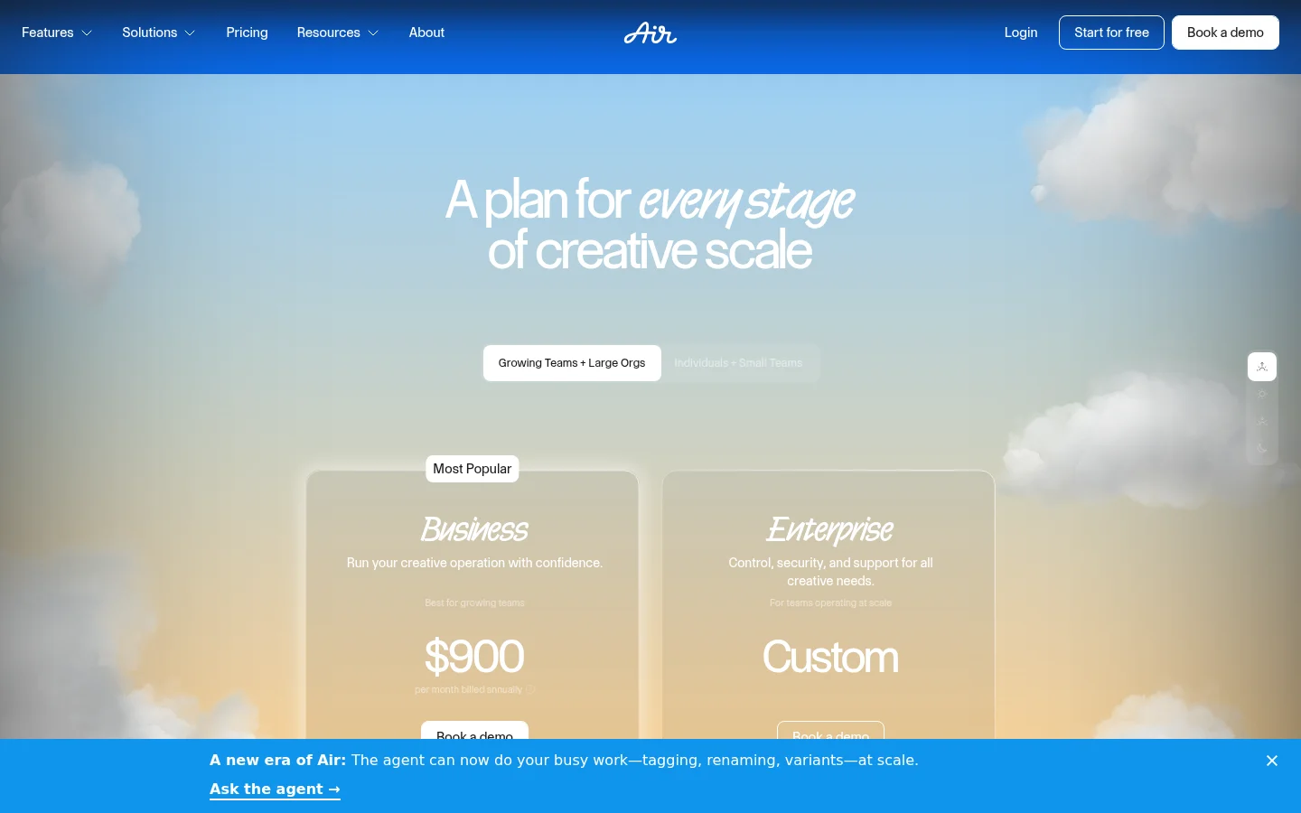 Air pricing page with plans for creative teams
