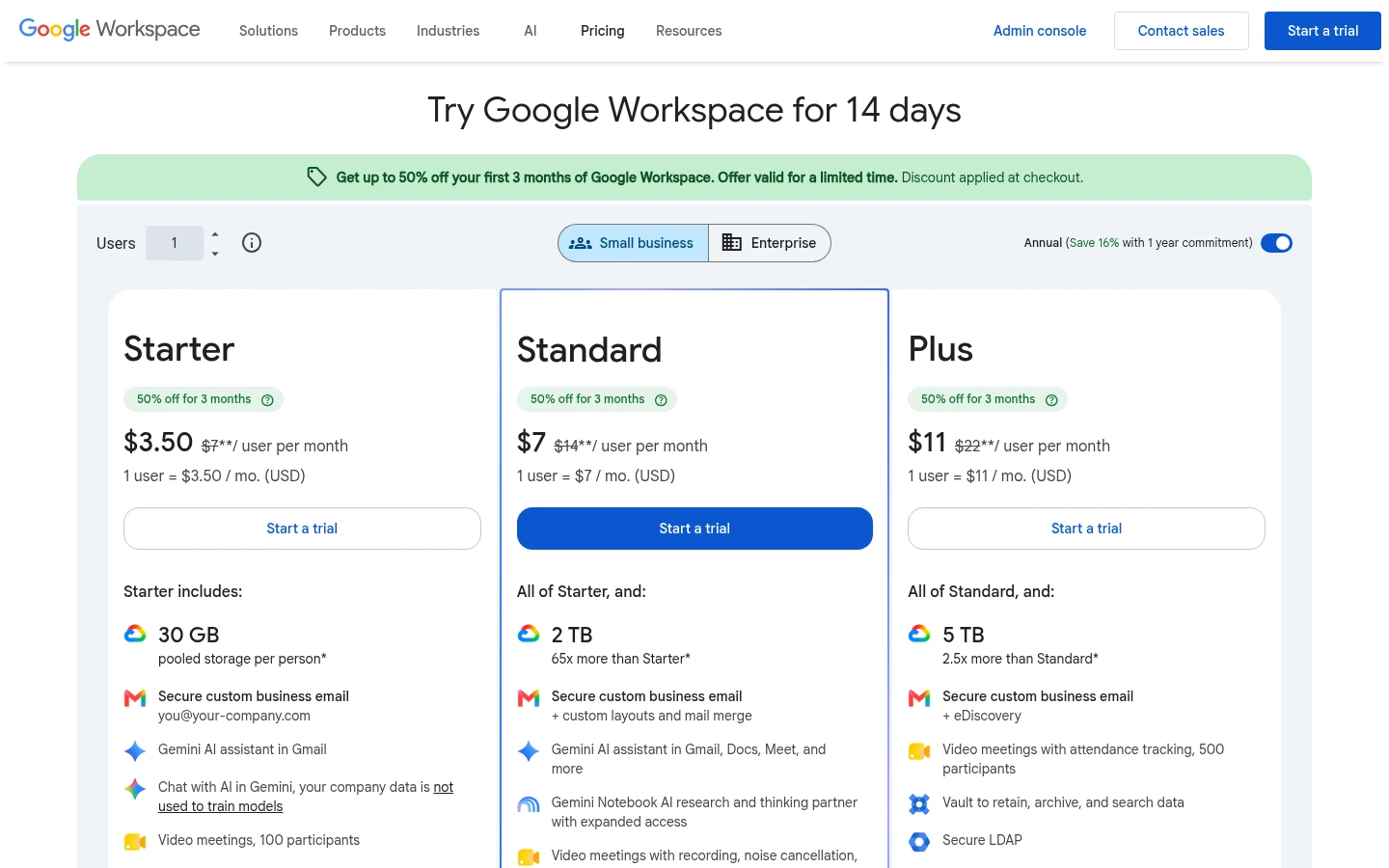 Google Workspace pricing page with Business Starter, Standard and Plus plans