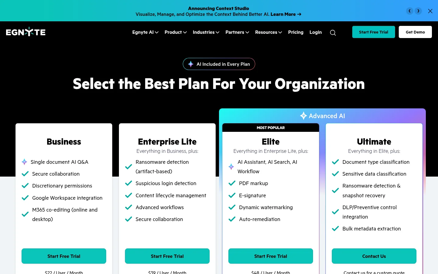 Egnyte pricing page with four plans