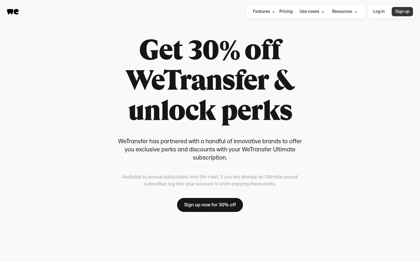 WeTransfer subscriber benefits page listing partner perks for subscribers