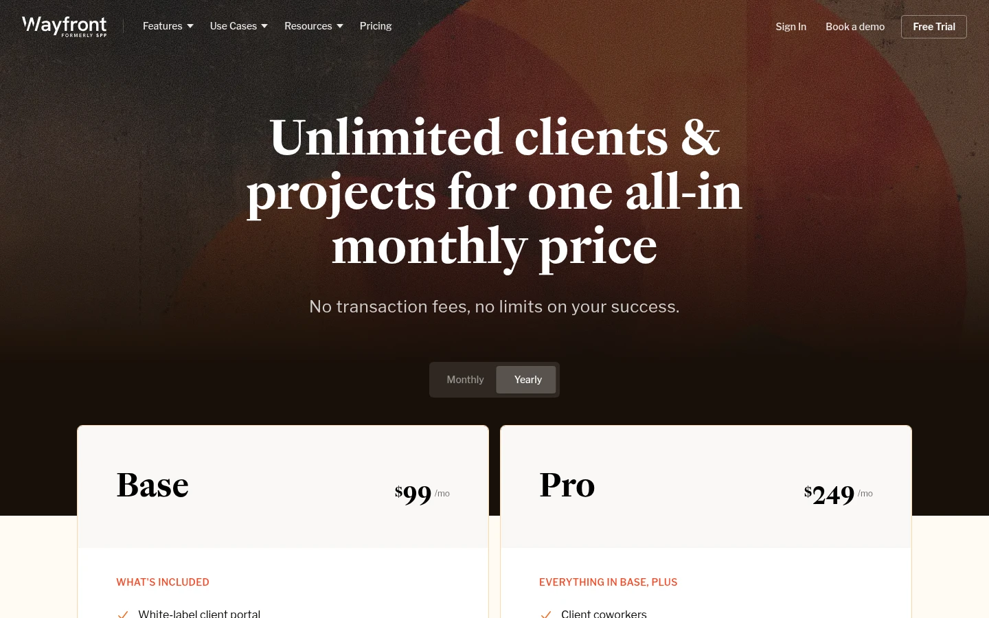 Wayfront pricing page with Base and Pro plans
