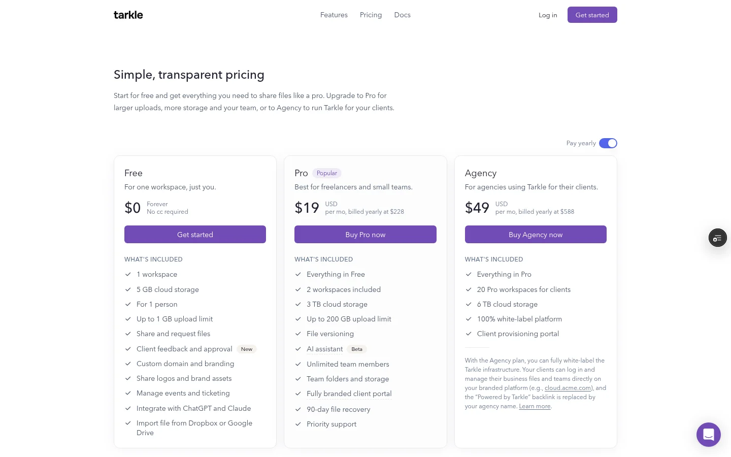 Tarkle plans and pricing page