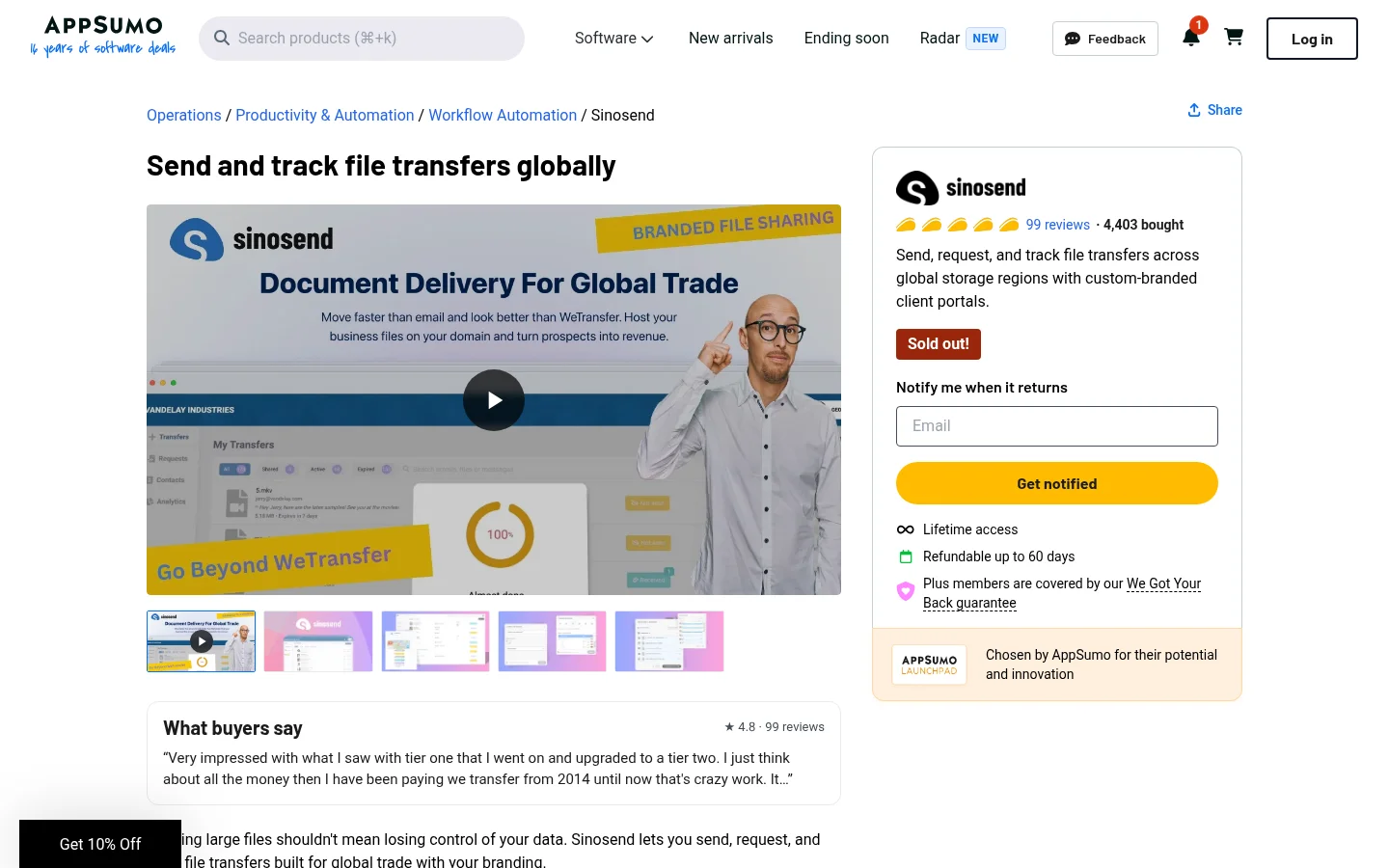 AppSumo listing for the Sinosend lifetime deal