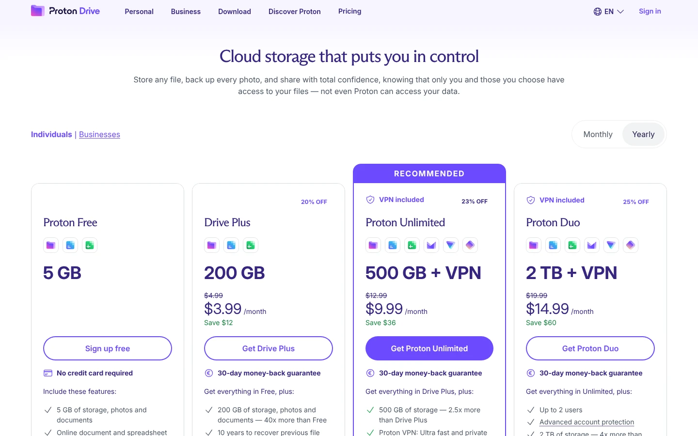 Proton Drive pricing page with the free plan