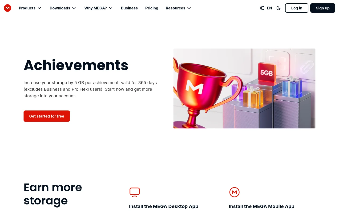 MEGA Achievements page listing the ways to earn extra storage